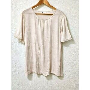 DR2 Beige Rayon-Linen Lace Ruffle Casual Top Short Sleeve Summer Size 1X Womens